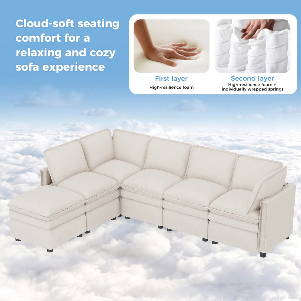 Divano modulare a U con funzione letto e pouf mobile in chenille beige con seduta doppia 6 posti 344 × 127 × 91 cm