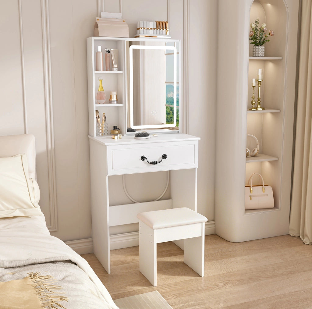 Tavolo da trucco moderno con specchio LED a 3 modalità; vani portaoggetti e sgabello imbottito; bianco