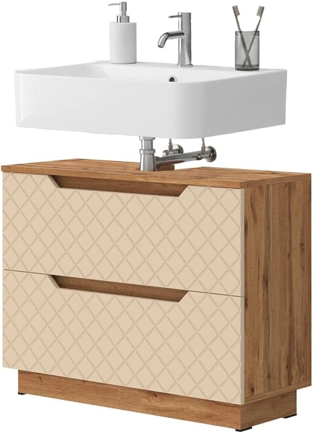 Mobile sottolavabo per bagno Lotta, Cachemire, 79.6 x 62.5 cm con 2 cassetti, per la conservazione di accessori da bagno e collegamento al lavandino