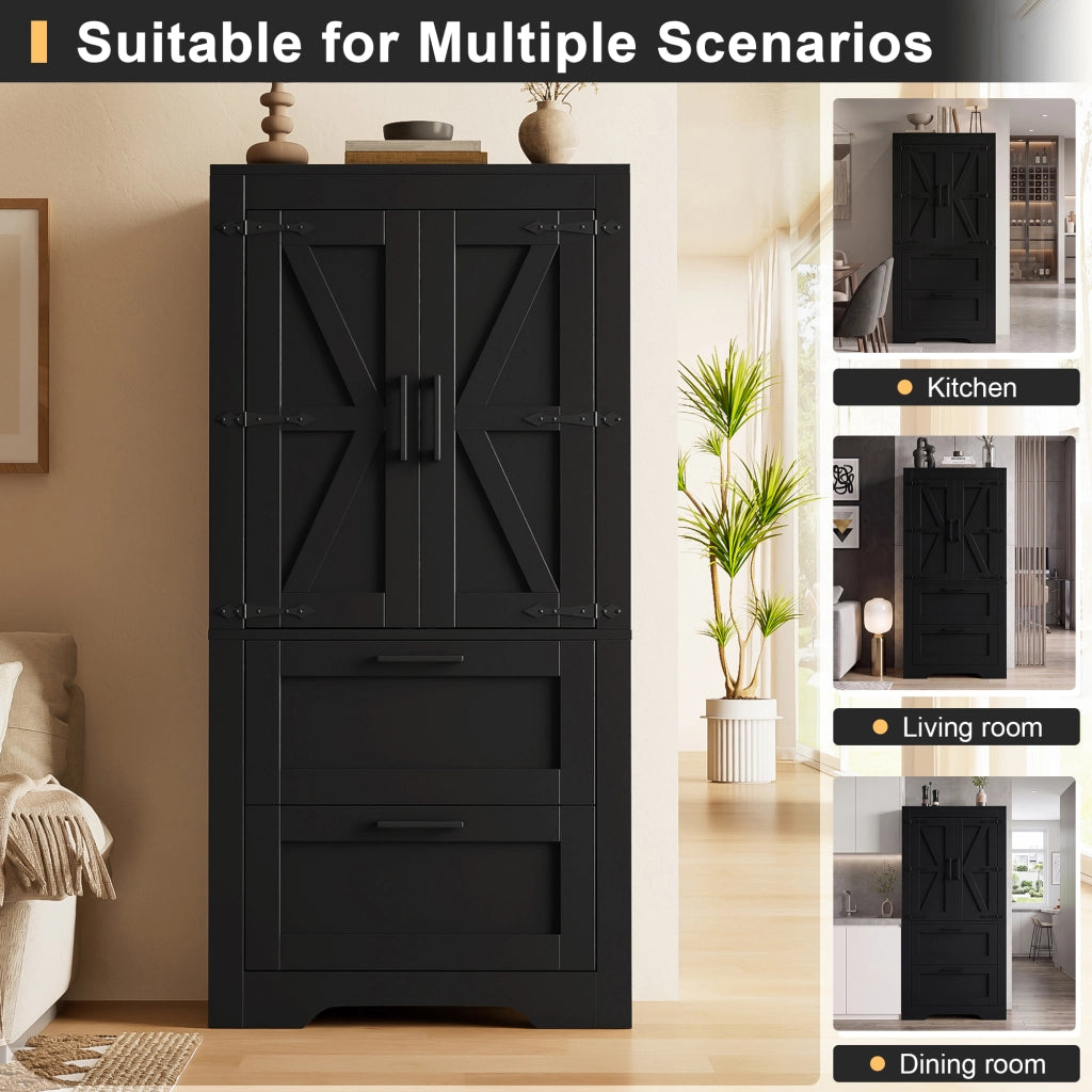 Dispensa alta con 2 cassetti e ripiani regolabili stile porta da fienile in MDF nero per cucina 60 × 30 × 128 cm