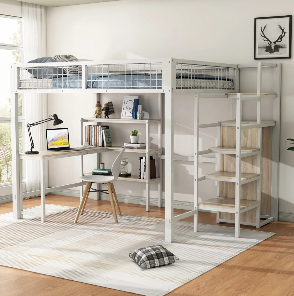Letto a soppalco 140x200 cm con scrivania e armadio, bianco