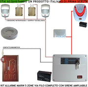 Kit Impianto Antifurto Marin Centrale a 5 Zone 2 Sensori di Movimento 2 Contatti Magnetici 1 Contatto Magnetico Per Infissi Metallici Sirena Interna ed Esterna Lampegggiante 2 Chiavi Cavo 2+4 100 MT