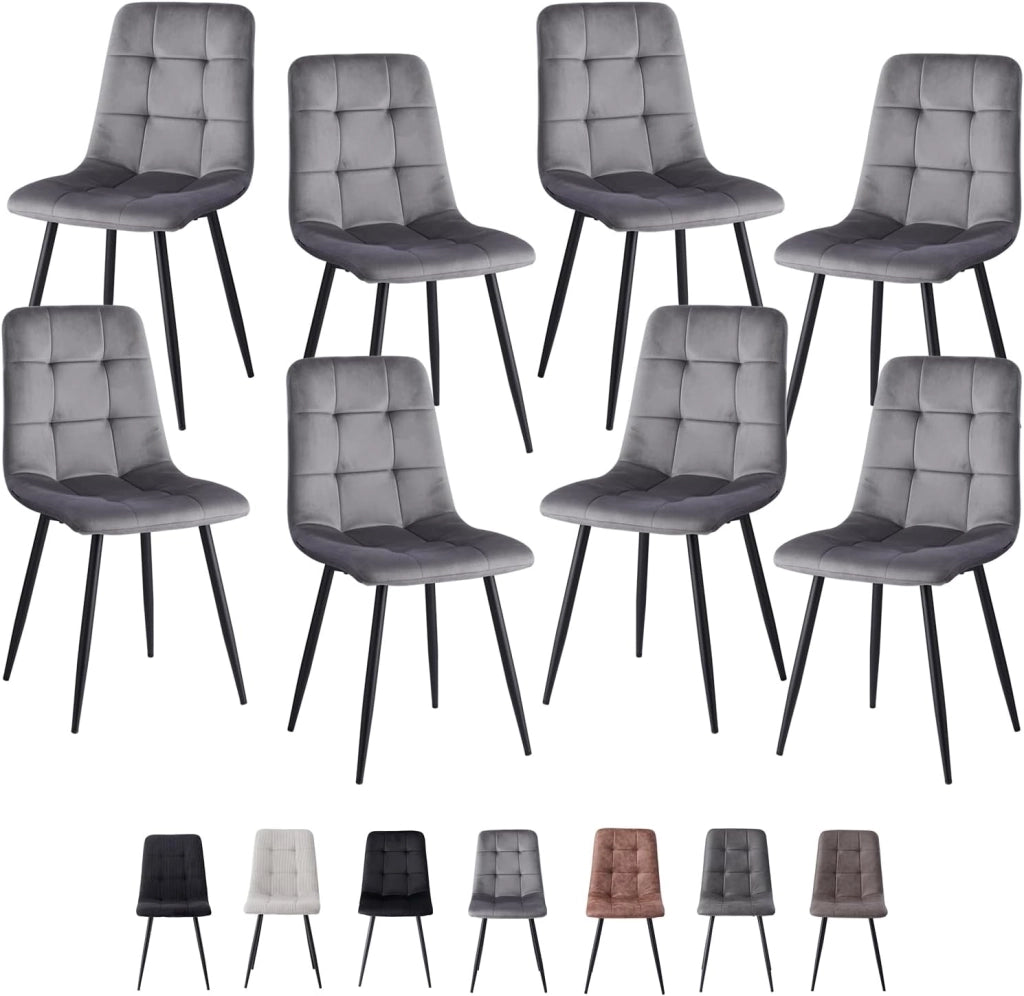 GrandCA HOME Set di 8 Sedie da Pranzo con Seduta Imbottita in Velluto, Sedie da Cucina Moderne con Gambe in Metallo, Grigio-HL