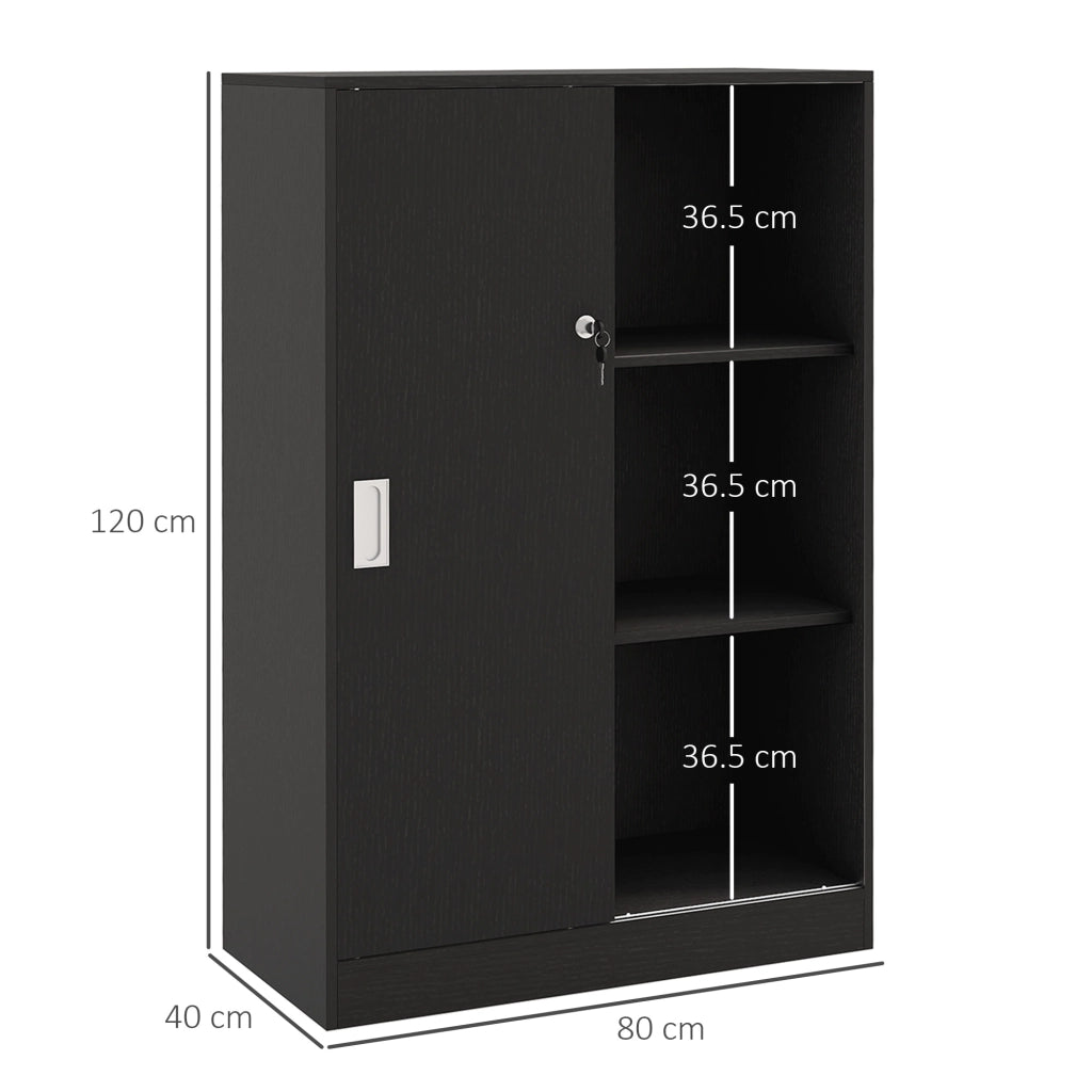 Armadietto da Ufficio a 3 Ripiani con 2 Chiavi di Sicurezza e Ante Scorrevoli, 80x40x120 cm, Nero