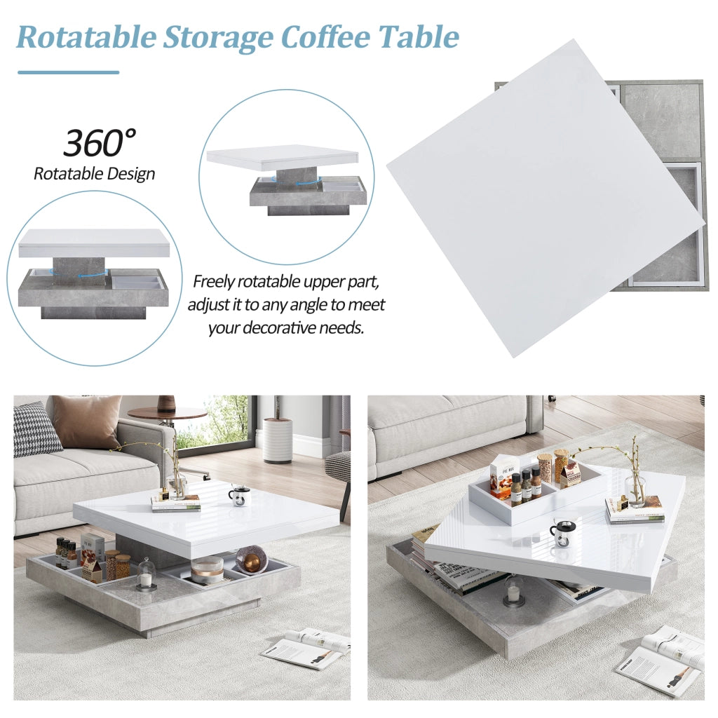 Tavolino da caffè con piano girevole a 360° e vano - per soggiorno - in truciolare - 70×70×36 cm - bianco e marmo