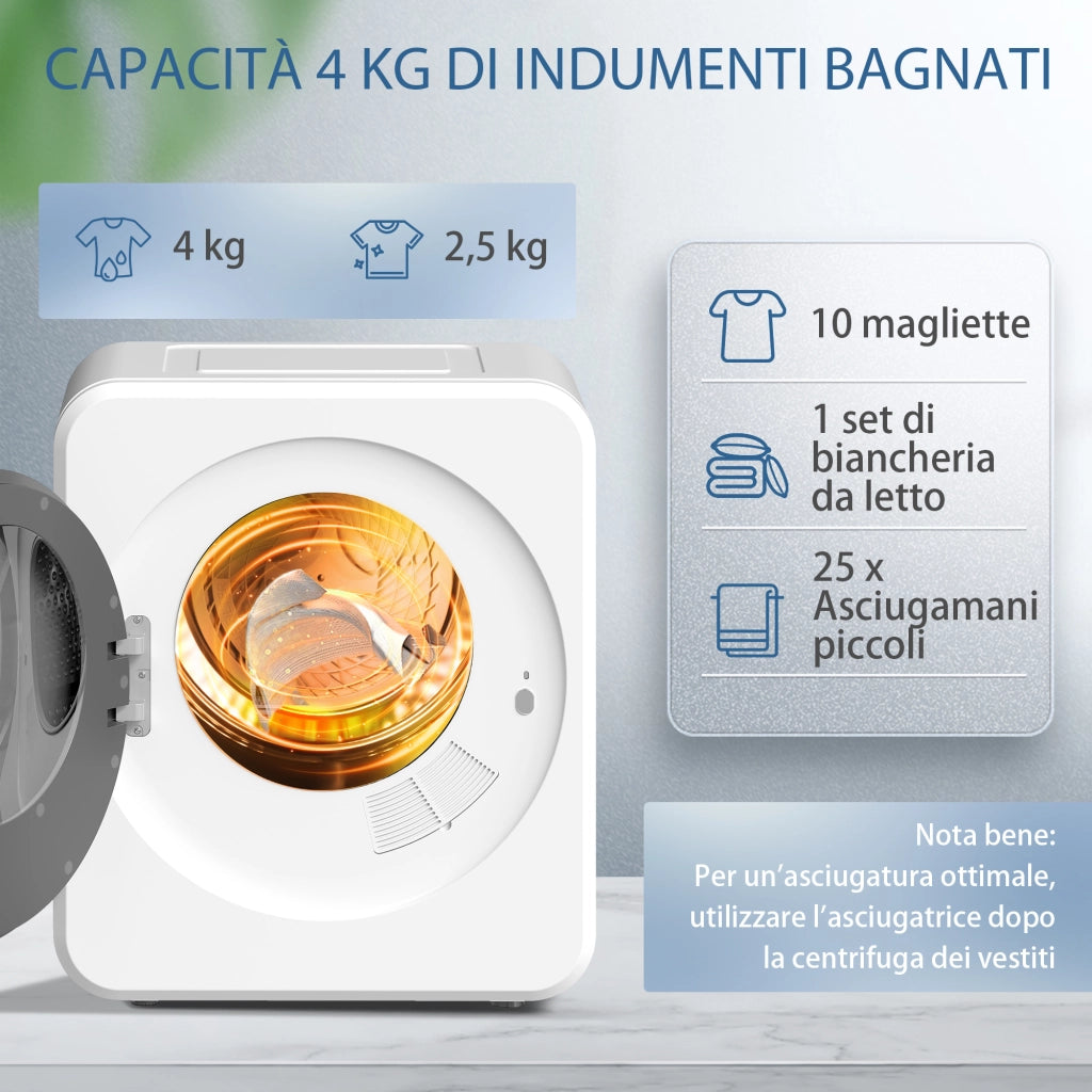 Asciugatrice Portatile 4 kg ¨C zephmum ¨C Bianco, 800W, Display LED, Timer, Carica Frontale