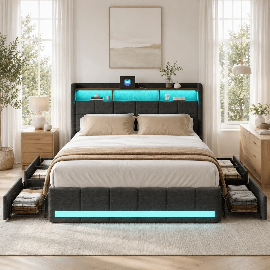 Letto matrimoniale 180x200 cm tessuto grigio, testiera contenitore con ricarica USB e USB-C, LED RGB APP telecomando, 4 cassetti estraibili