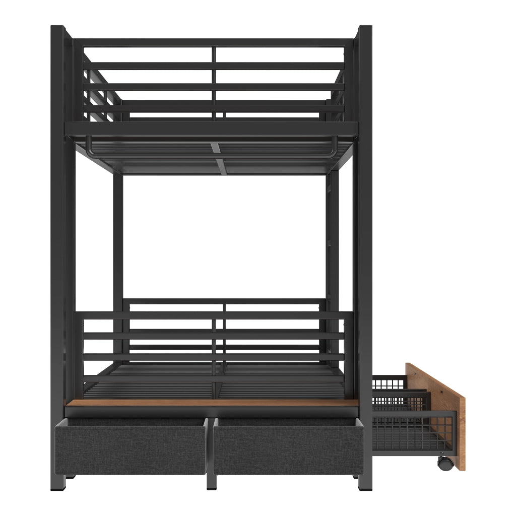Letto a castello 90 × 200 cm con 4 cassetti, barra appendiabiti e luce LED, senza materasso, in metallo e MDF, nero
