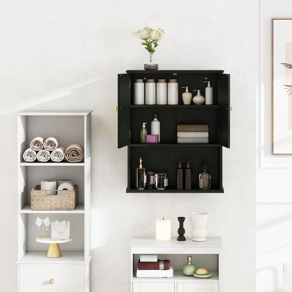 Mobile da Bagno, Armadietto a 2 Ante con Ripiano Regolabile, Armadio da Parete con Mensola Semi-aperta per Asciugamani, Prodotti per la Cura della Pelle e Articoli da Bagno (Verde)