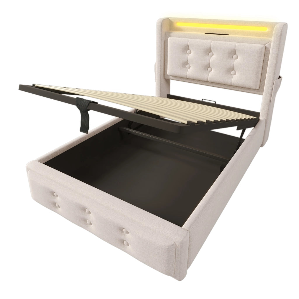 DESMIU Letto contenitore 90 × 200 cm 1 posto con LED, USB e Type-C, con materasso, beige, in cotone lino