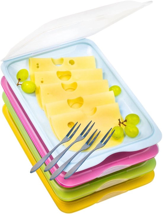 Contenitori per alimenti in acciaio inossidabile con coperchi grandi per carne, formaggio e pesce - Inclusi forchette da servizio riciclabili - BPA-free - 17 cm x 3,2 cm x 25,2 cm