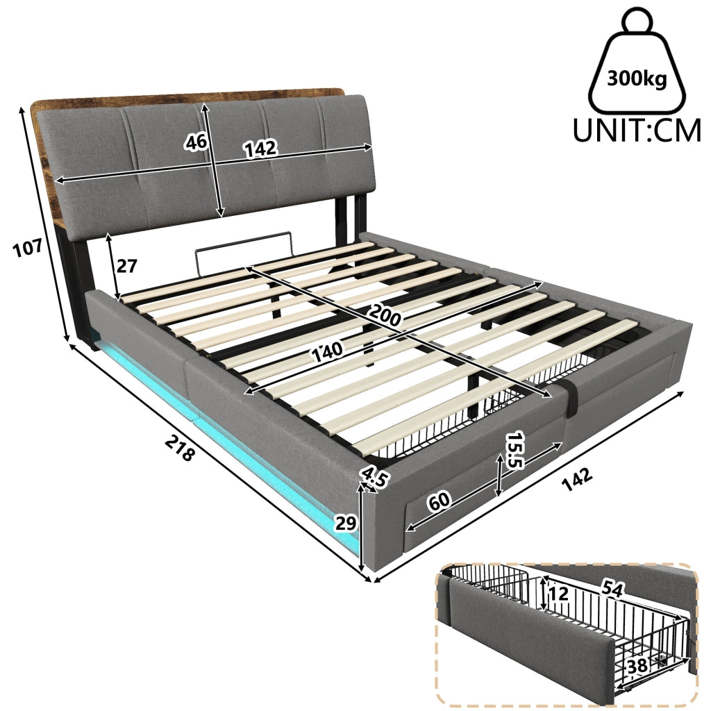 Letto imbottito 140x200 cm in lino grigio con contenitore idraulico; USB-C e LED