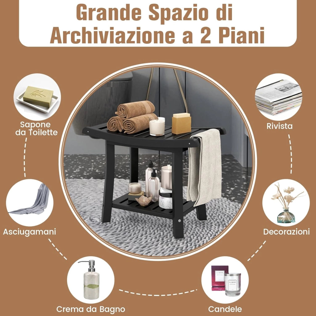 Sgabello da Doccia, Sgabello da Bagno Impermeabile con Sedile Curvo, con Portasciugamani e Piedini Antiscivoli, Panca Versatile con Ripiano, 60,5 x 34 x 48 cm (Nero)