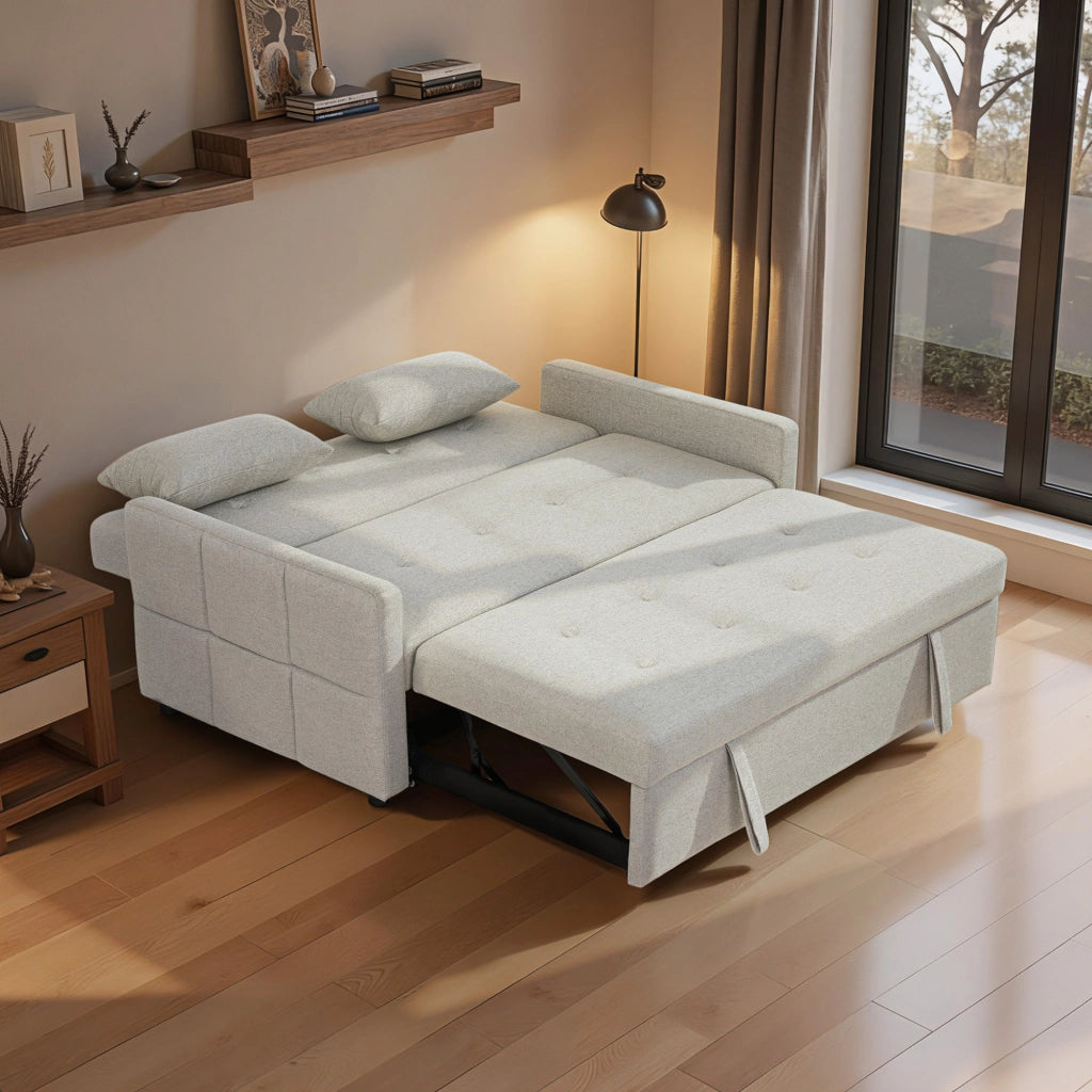 Divano Letto 2 Posti Convertibile Apertura Clic Clac con 2 Cuscini in Tessuto Marrone Chiaro