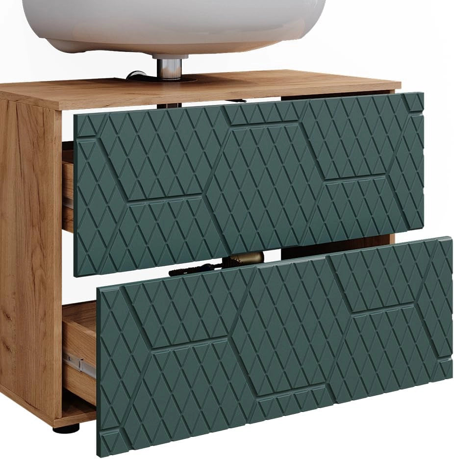 Set mobili bagno Irma, Quercia verde/oro, 3 pezzi, con cassettiera e mobile midi