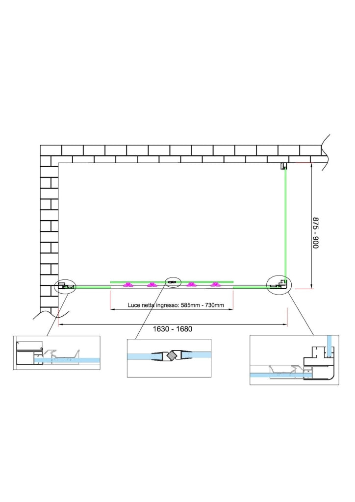 Box doccia 6 mm H 190 parete fissa e porta a 4 ante con apertura centrale MISURA 87,5-90 ANTA FISSA + PORTA 163-168