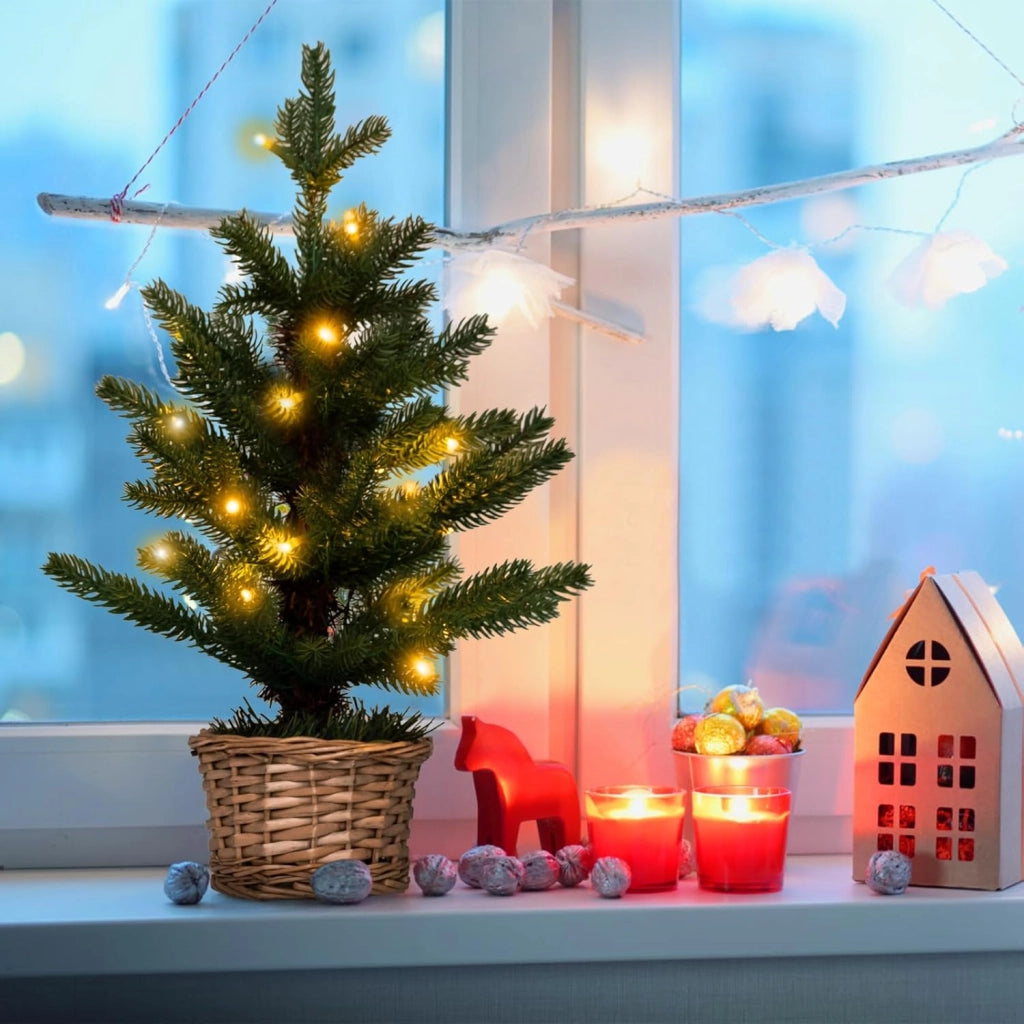 Mini Albero di Natale Artificiale Pre-illuminato, Albero di Natale Piccolo da Tavolo con 96 Rametti, 20 Luci LED Bianche Calde, Timer, Vaso in Legno di Salice