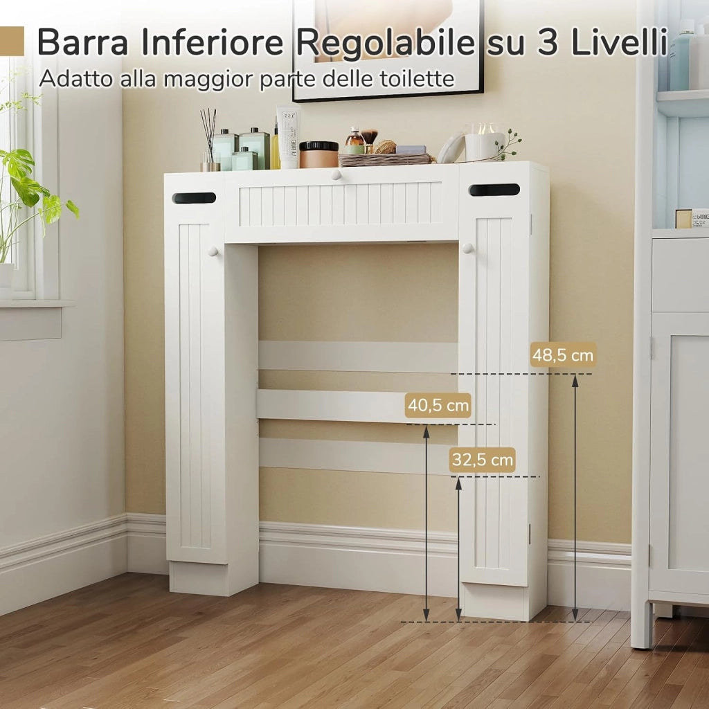 Mobile Sopra Lavatrice da Bagno, Armadietto su WC con Ripiani, Portarotoli, Porta con Apertura a Ribalta e Ripiani Regolabili, Mobile Salvaspazio in Legno con 2 Ante Laterali