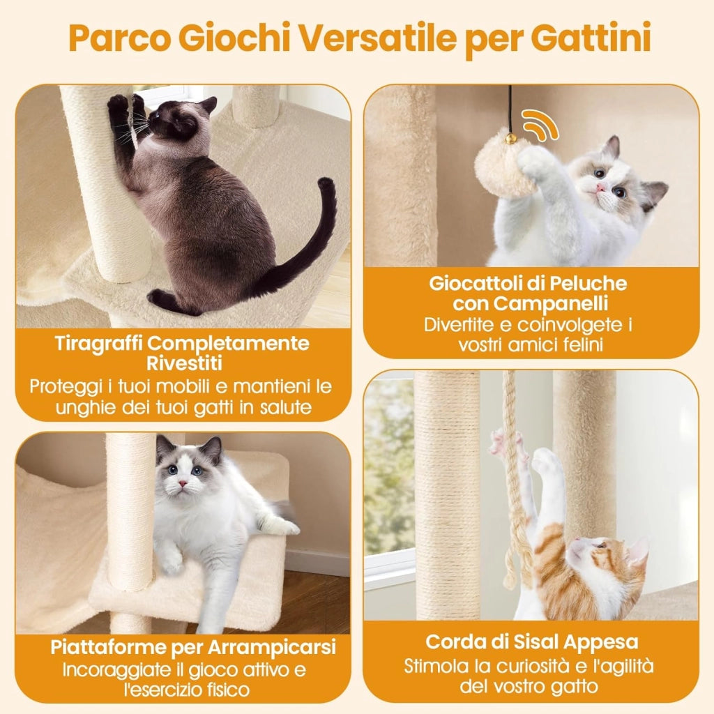 Albero per Gatti da Interno Alto 205 cm, Tiragraffi per Gattini con 2 Condomini, 2 Postazioni Soffici, Tiragraffi & Corda, Giochi Pendenti, Amaca e Piattaforme per Salti, Mobile per Gatti