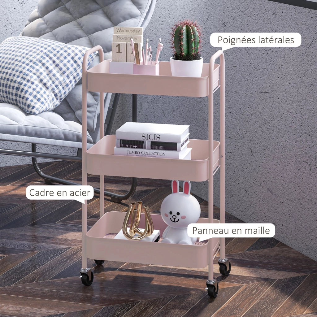 Tavolino carrello con 3 ripiani ¨C zephmum ¨C rosa 45x30.6x79 cm