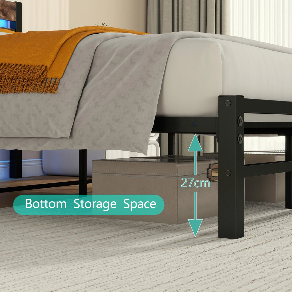 Letto in metallo con USB LED 140x200 cm MDF marrone e metallo