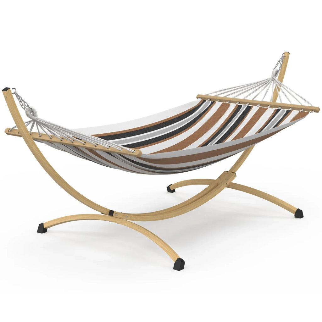IDMarket - Amaca XL con struttura in metallo effetto legno e tessuto a righe nero, bianco e color cioccolato