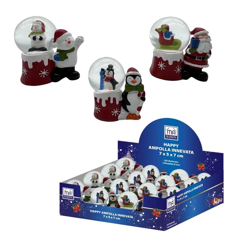 MA MAISON HAPPY AMPOLLA INNEVATA PUPAZZO DI NEVE/BABBO NATALE O PINGUINO 7X5X7CM ASSORTITO
