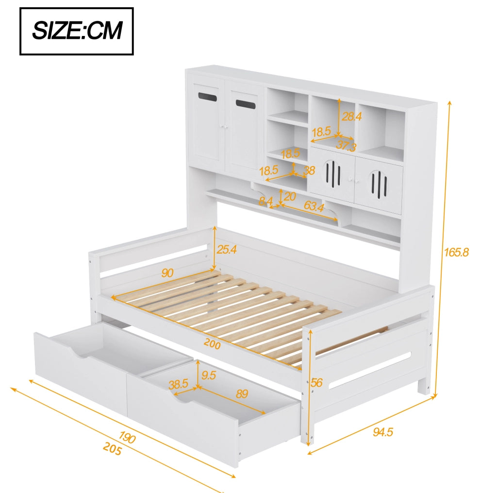 Letto 90x200 cm bianco – contenitore integrato e 2 cassetti, senza materasso