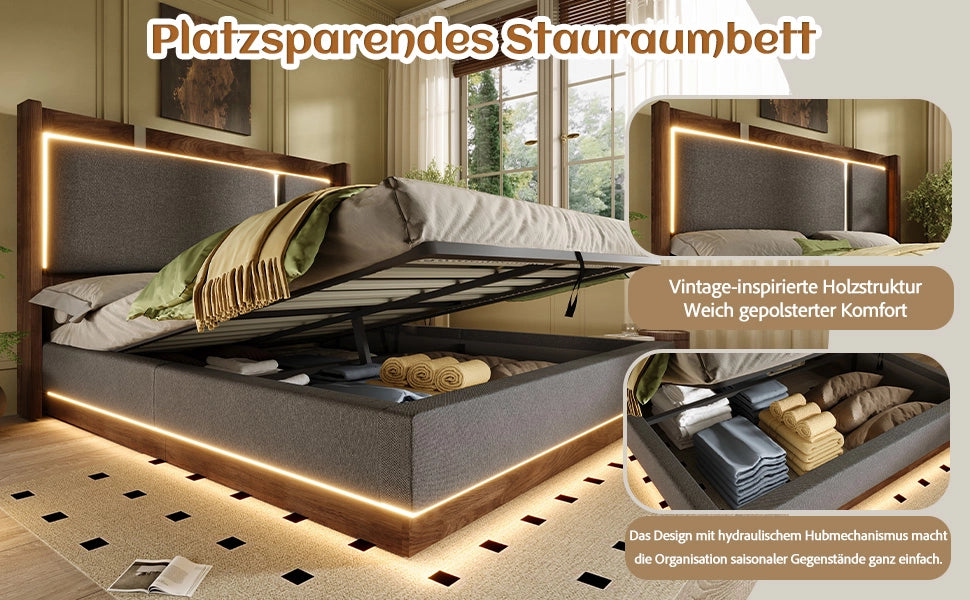 DESMIU Letto contenitore 160 × 200 cm 2 posti con LED e vano idraulico, senza materasso, in lino, grigio e noce