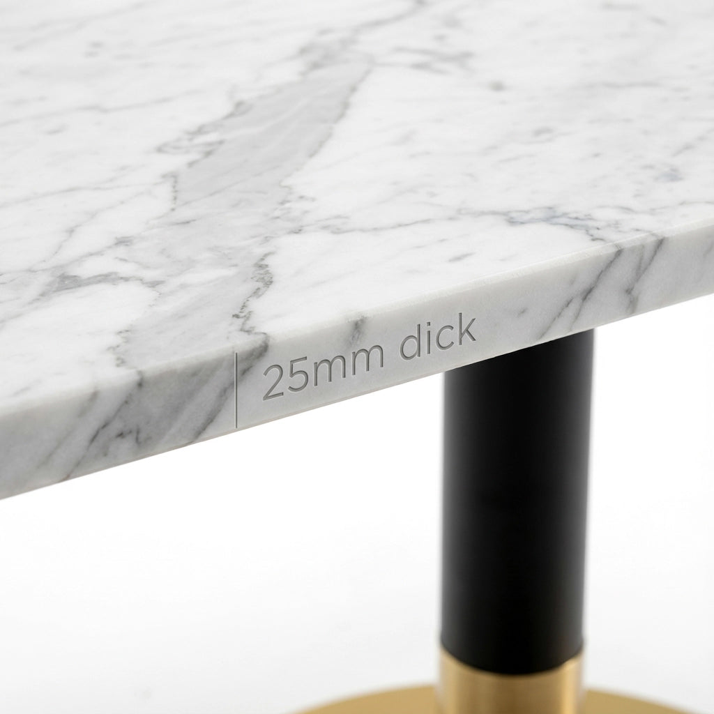 Tavolo da pranzo per 2 persone con piano effetto marmo, base in metallo nero e oro, per cucina, 80 × 60 cm