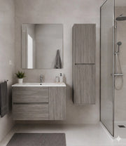 Mobile Bagno HEIMDALL Già Montato 2 cassetti e porta, lavabo e specchio Rovere affumicato 100x45 cm con colonna