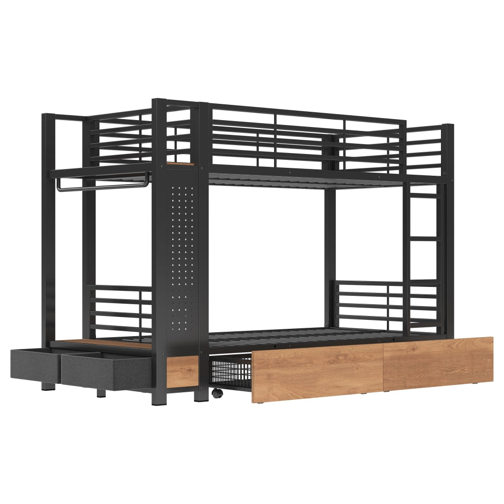 Letto a Castello 90x200 cm - 4 cassetti; mensole e LED - in MDF e Metallo - Nero