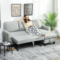 Divano Letto 3 Posti con Chaise e Spazio Contenitore, in Tessuto Effetto Lino, 197x129x85 cm, Grigio e Nero