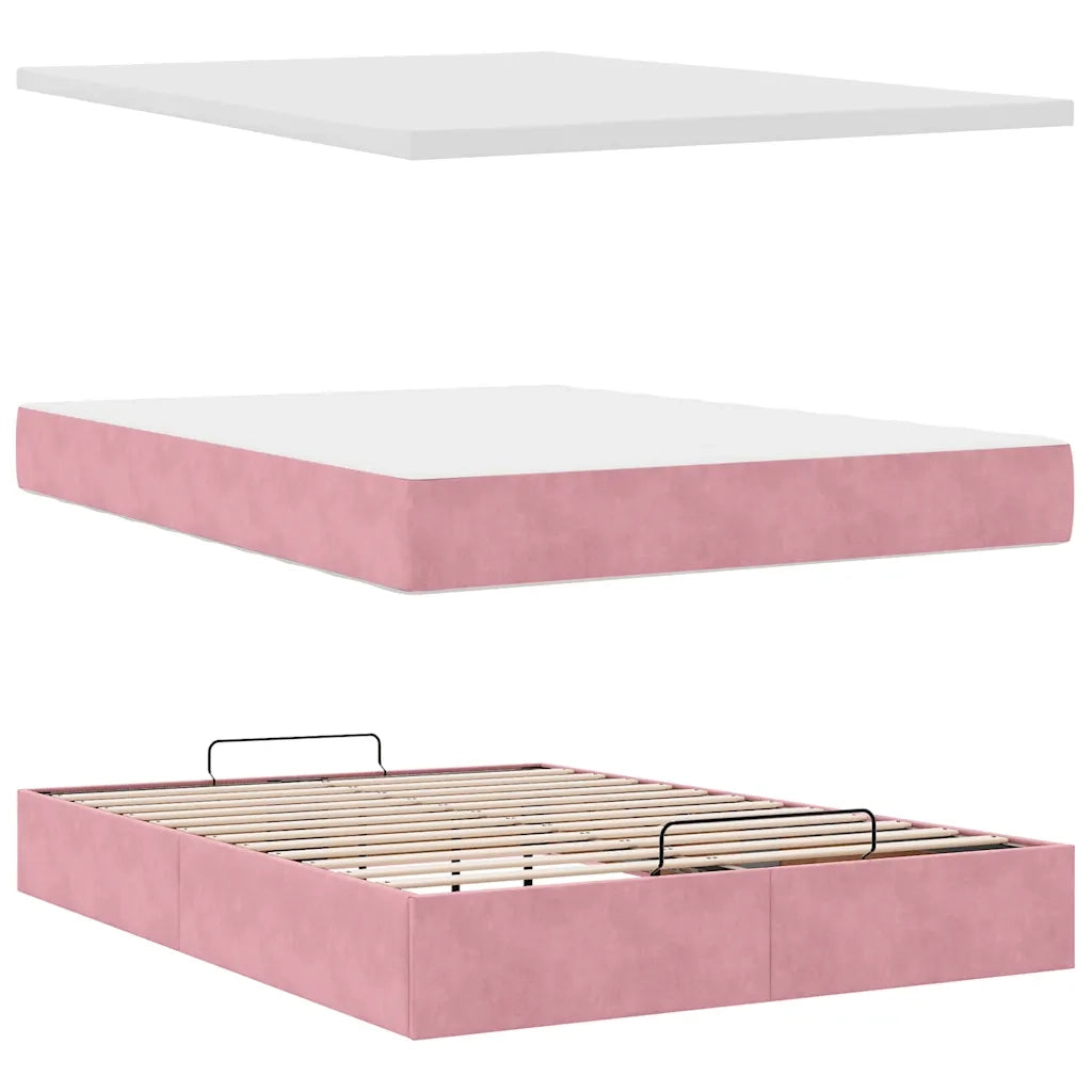 Struttura Letto Pouf con Materasso Rosa 140x190 cm in Velluto 3311776