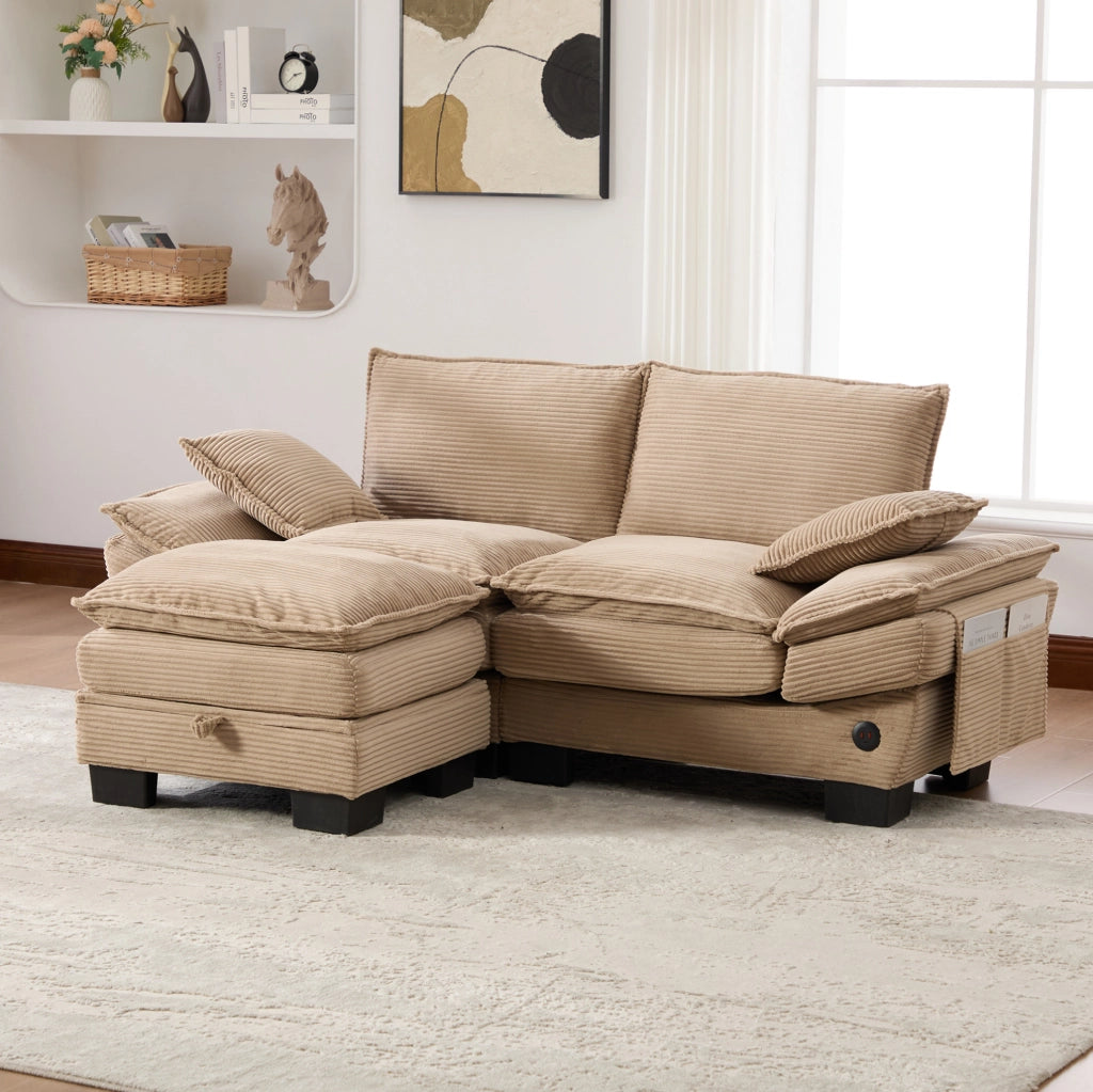 Divano 2 posti con pouf contenitore e USB-C in tessuto a coste khaki 190x132 cm
