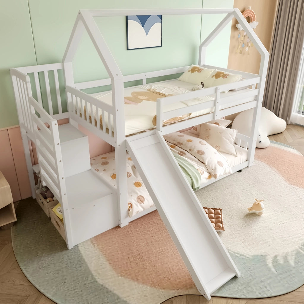 Letto a castello con scivolo e scala portaoggetti in pino 90x200 cm