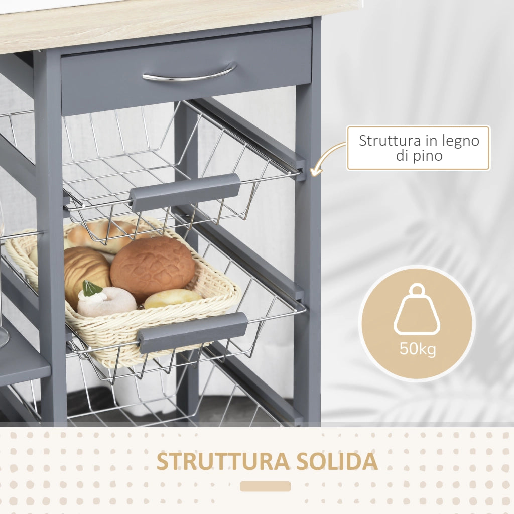 Carrello da Cucina in Grigio Scuro con 1 Cassetto e 4 Cestelli Metallici