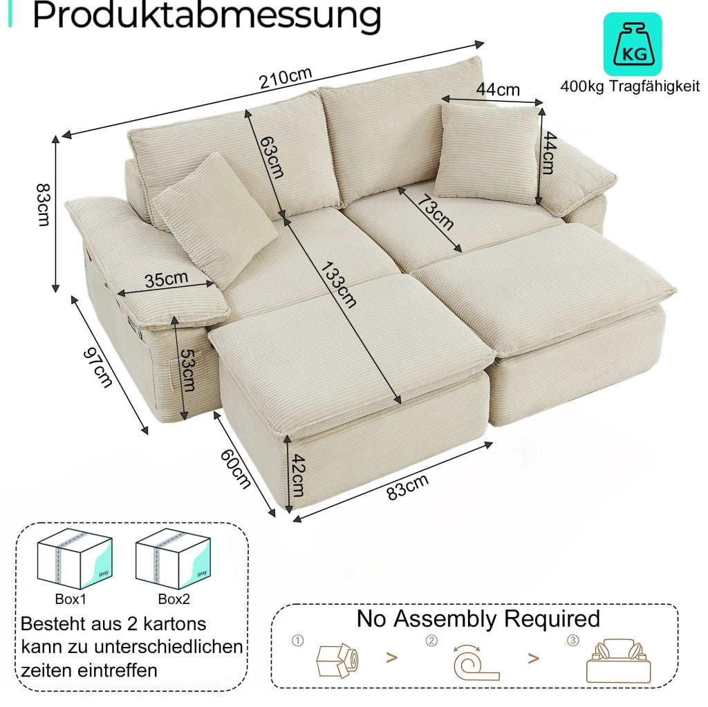 Divano da pavimento 2 posti beige in tessuto; con pouf mobile