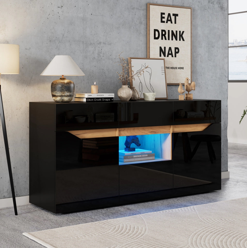 Credenza soggiorno con LED 140x40x70 cm; 4 cassetti e 2 ante in truciolare nero