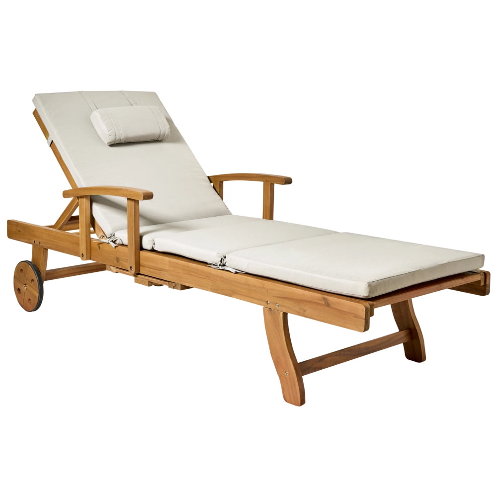 Lettino Prendisole Regolabile con Ruote Legno Acacia e Cuscino tortora resistente agli agenti atmosferici reclinabile con ruote
