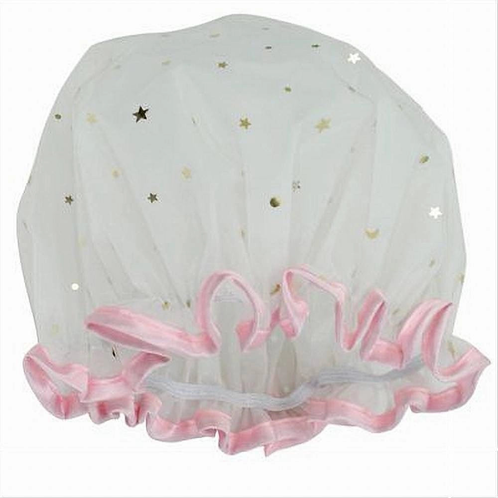 Trade Shop - Set 2 Pz Cuffia Doccia Bagno Elastico Bordino Rosa Stelle Protegge Capelli 79607 -