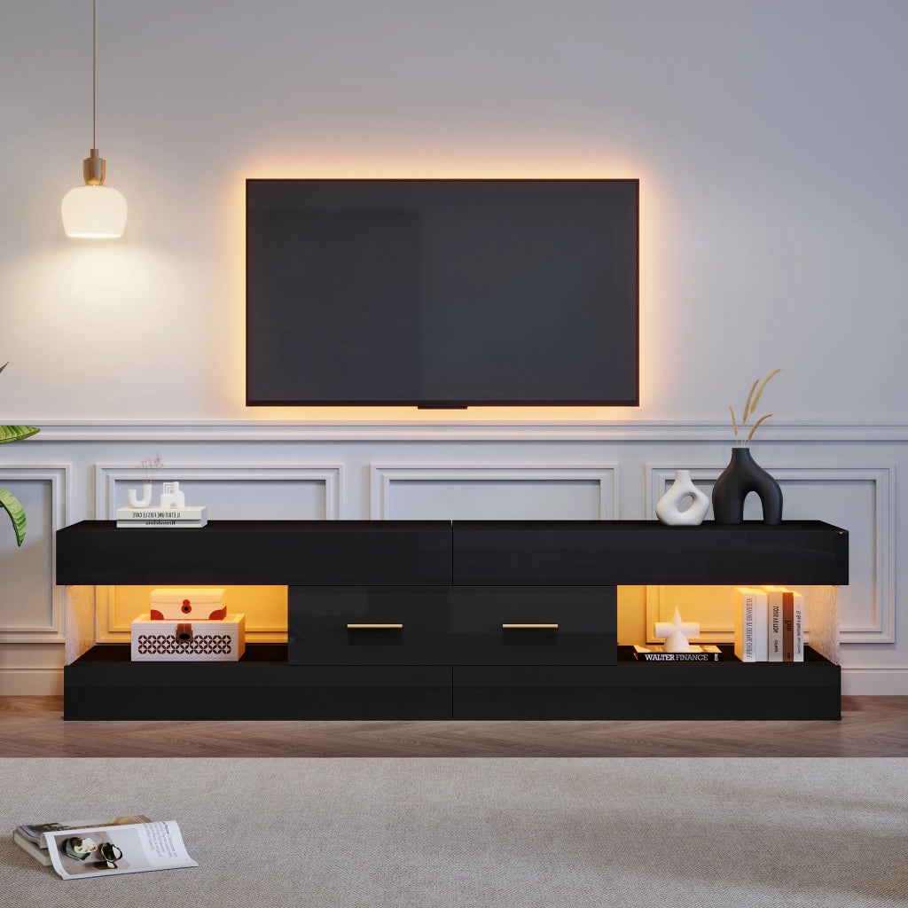 Mobile porta TV con LED, 2 cassetti e 4 vani, in pannello truciolare e acrilico nero, 152 × 35 × 40 cm
