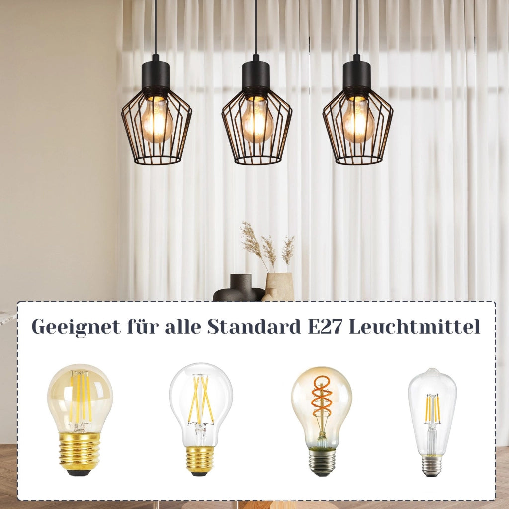Lampada a sospensione ZMH industriale in metallo nero a 3 fiamme LED E27 in metallo