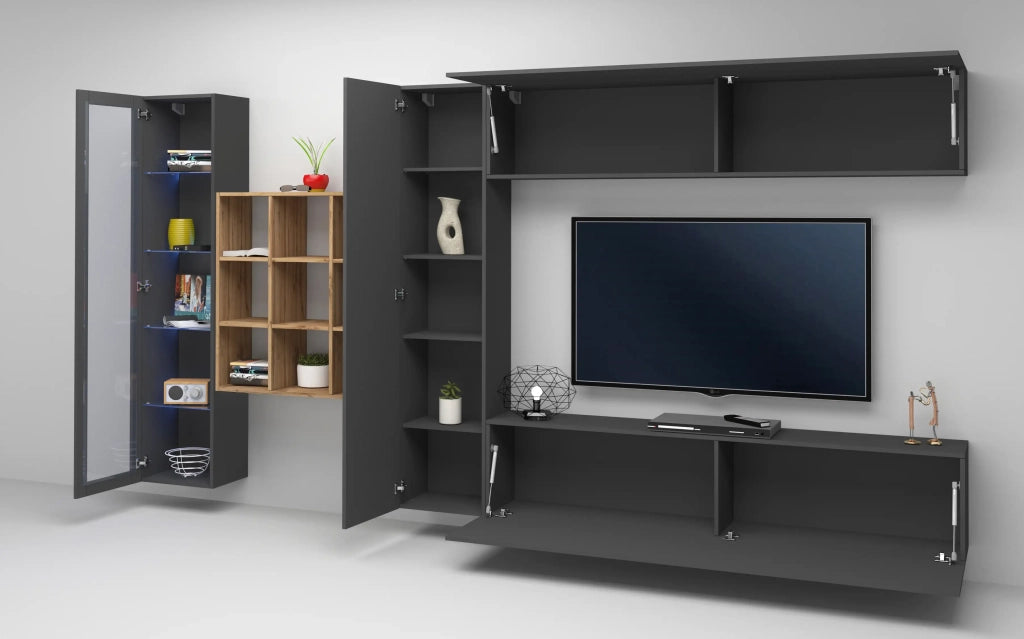 Parete TV attrezzata sospesa pensile antracite vetrina libreria moderna Femir RT