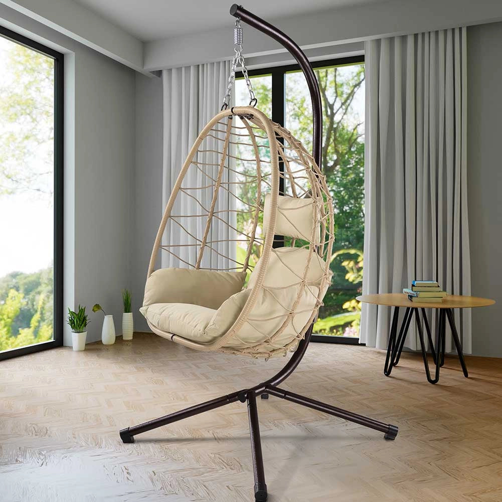 Poltrona Sospesa Giardino Sedia Dondolo Amaca a pendolo Rattan e Metallo Beige