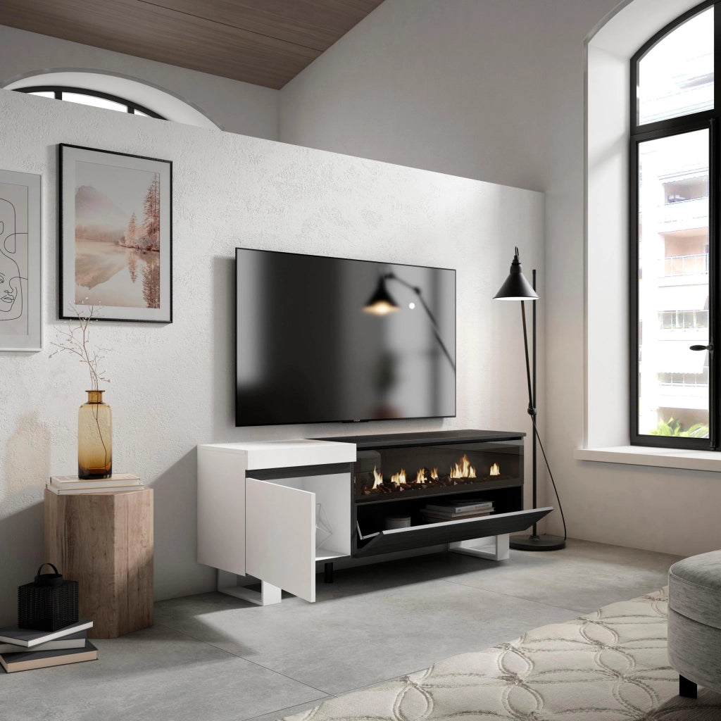 Mobile TV Soggiorno, 150x35x57cm, Per TV fino a 65", Camino elettrico, Design industriale, Bianco e nero RF2449