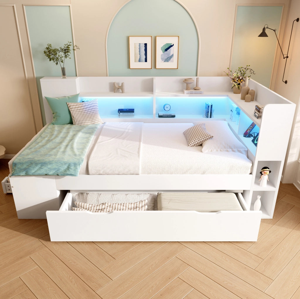 Divano letto 90x200 cm bianco con LED; USB e Type-C; ripiani e cassetti in legno