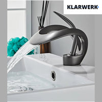 NAVIS | Rubinetto a cascata di design per bagno grigio titanio |Elegante rubinetto in acciaio inossidabile premium per lavelli|Miscelatore  2 attacchi