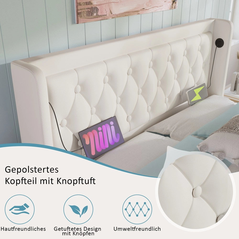 Letto Contenitore Matrimoniale Imbottito con LED e USB ¨C Xylo ¨C Bianco, 140x200, Idraulico, Similpelle