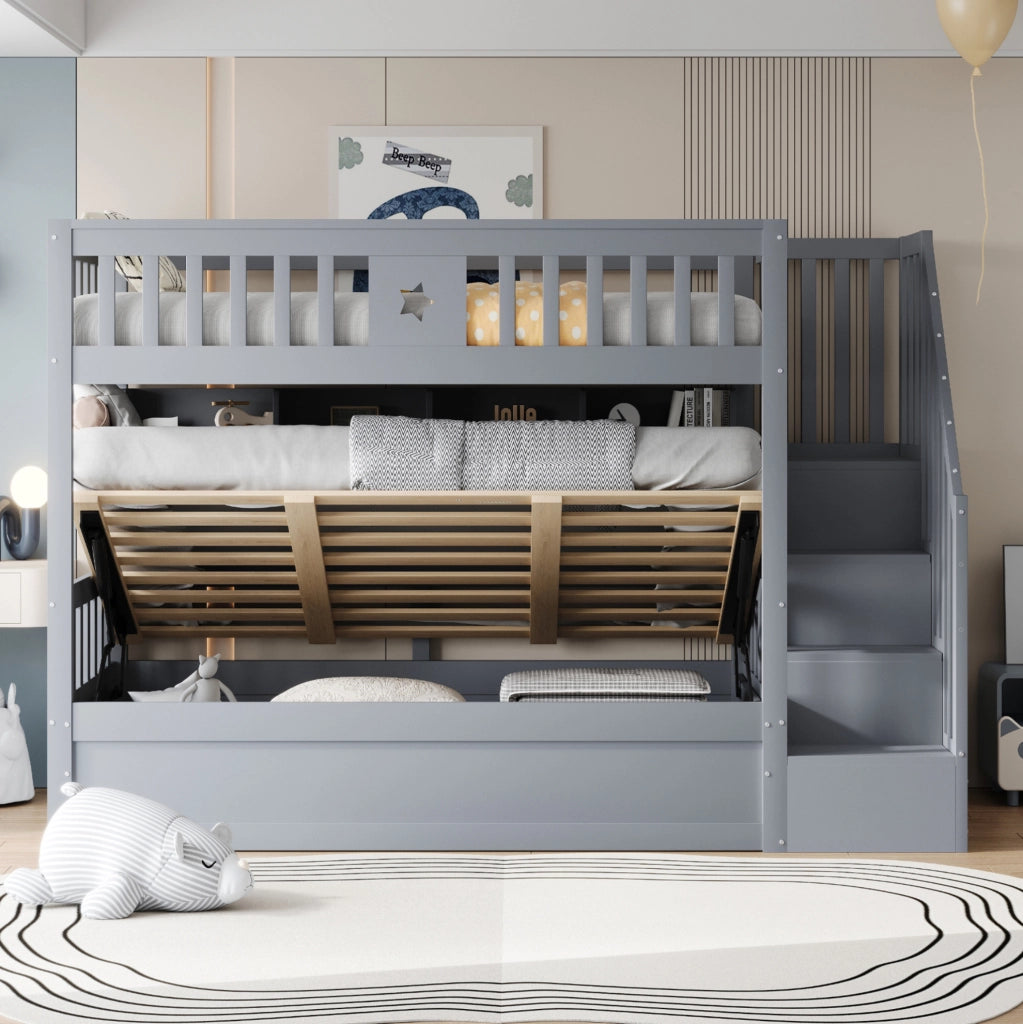 Letto a soppalco 90x200 cm con vano contenitore idraulico, scala contenitore e ripiani
